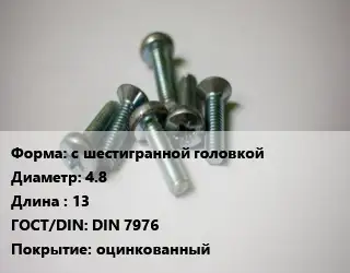 Винт с шестигранной головкой 4.8х13 DIN 7976 оцинкованный